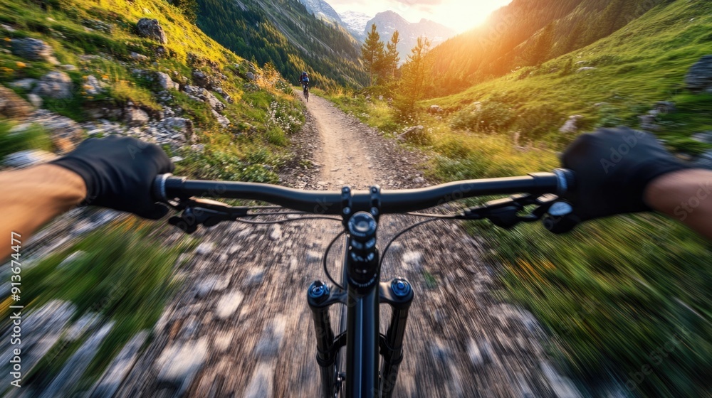 View shot of mountain biking on a rocky trail durin View shot of mountain biking on a rocky trail durin
