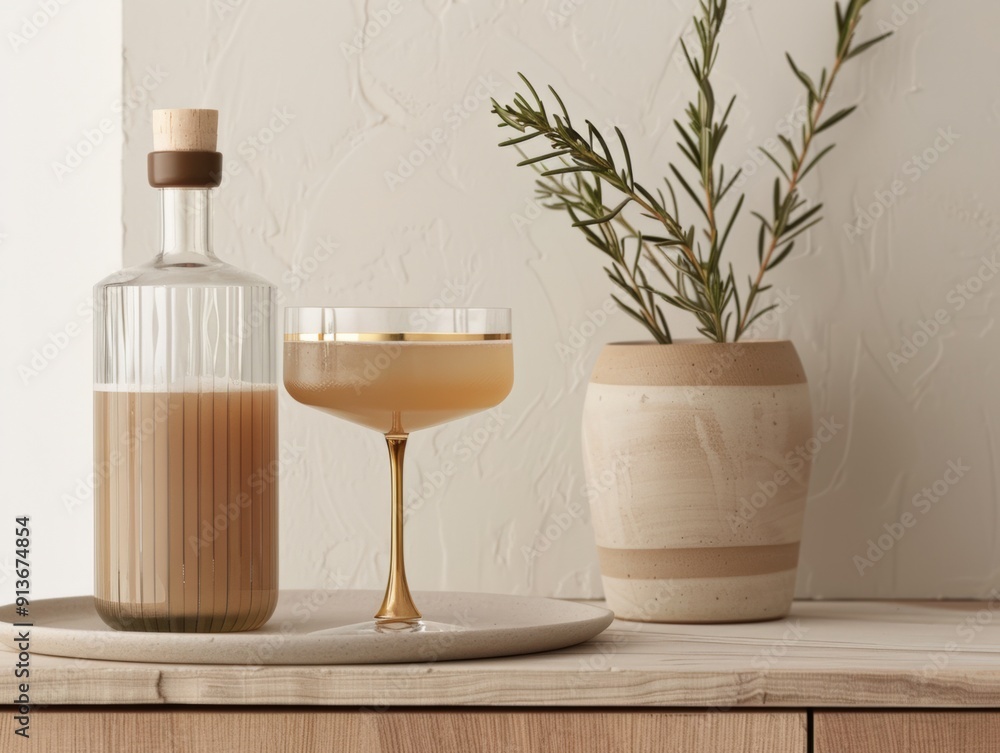 Elegant drink scene featuring a stylish bottle, glass, and decorative plant on a modern wooden table. Elegant drink scene featuring a stylish bottle, glass, and decorative plant on a modern wooden table.
