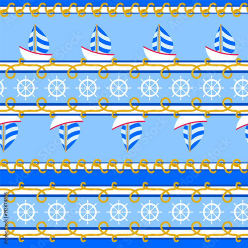Seamless vector pattern with steering wheel and yacht. Marine pattern.