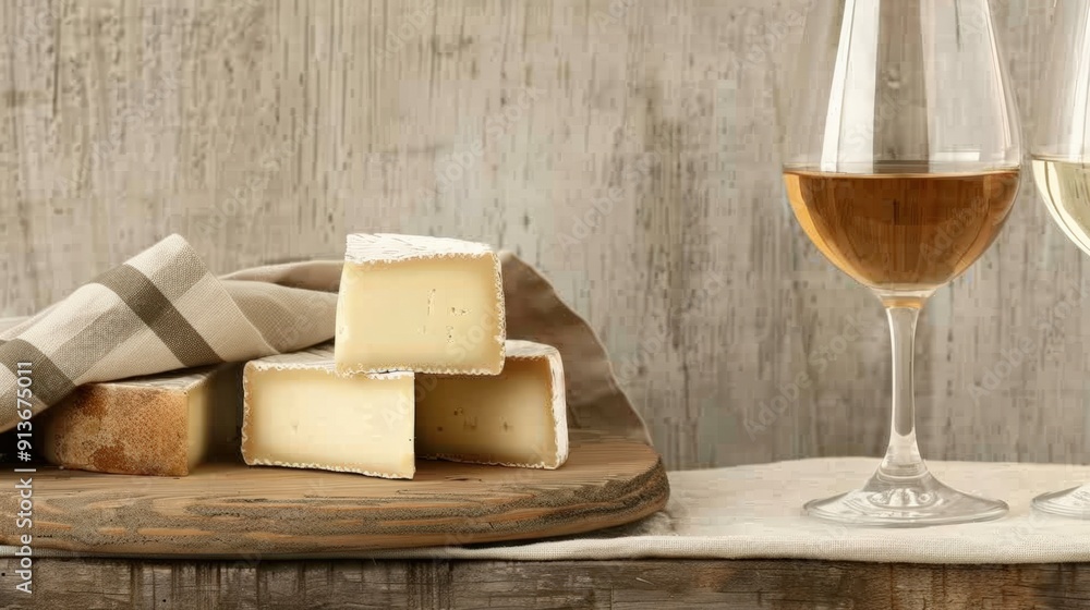 Rustic cheese platter with white wine glasses, set against a wooden background for a cozy and elegant dining experience. Rustic cheese platter with white wine glasses, set against a wooden background for a cozy and elegant dining experience.