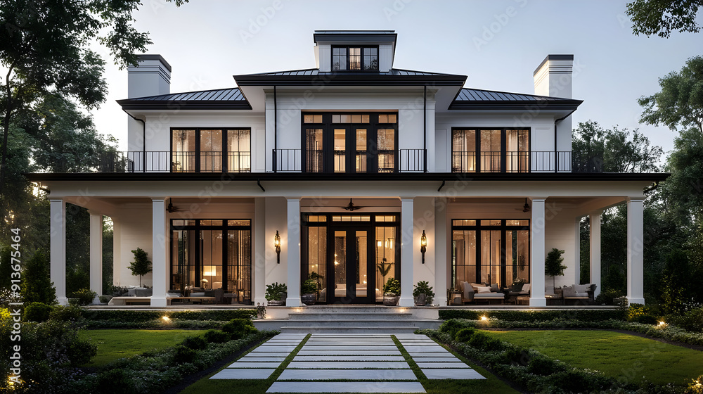 White modern house with black trim and large windows. White modern house with black trim and large windows.