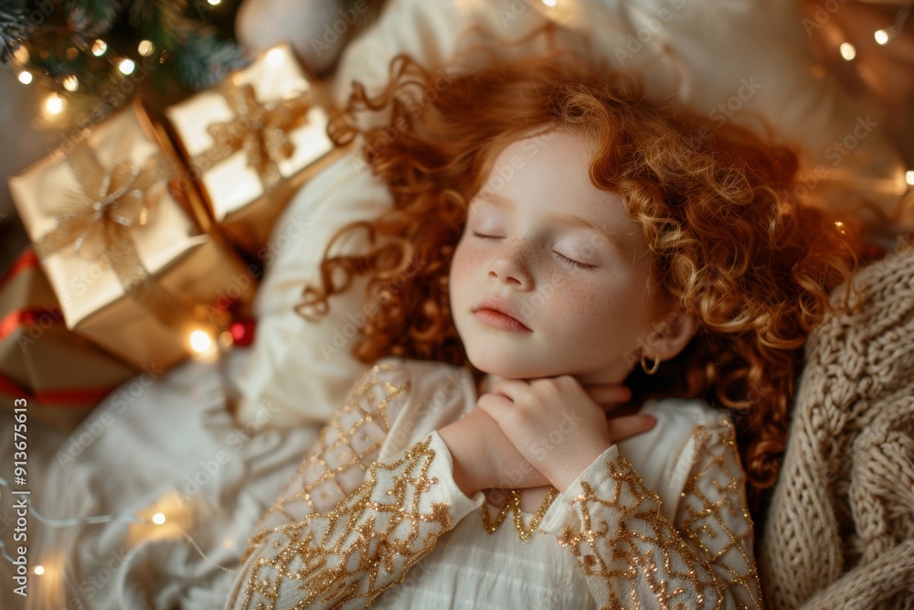 Resting quiet harmony small girl red hair sleeps. Sweet girl curly hair rests peacefully amidst comfort. Image reflects tranquility and innocence of youthful slumber. Resting quiet harmony small girl red hair sleeps. Sweet girl curly hair rests peacefully amidst comfort. Image reflects tranquility and innocence of youthful slumber.
