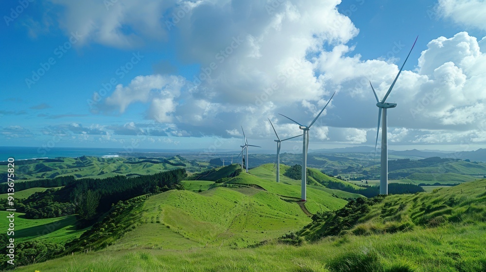 Large wind farm with three wind turbines on a hillside landscape Large wind farm with three wind turbines on a hillside landscape