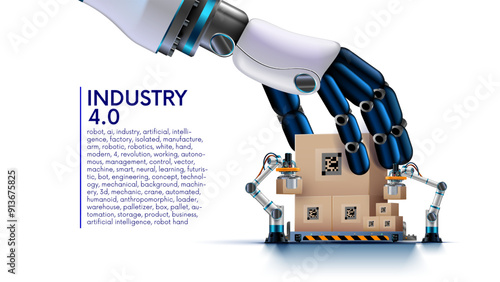 AI management work robots on factory or warehouse. AI in image Humanoid robot arm or hand puts boxes on pallets. AI controls robotic arms on manufacture. Industry 4.0. AI industry technology concept.