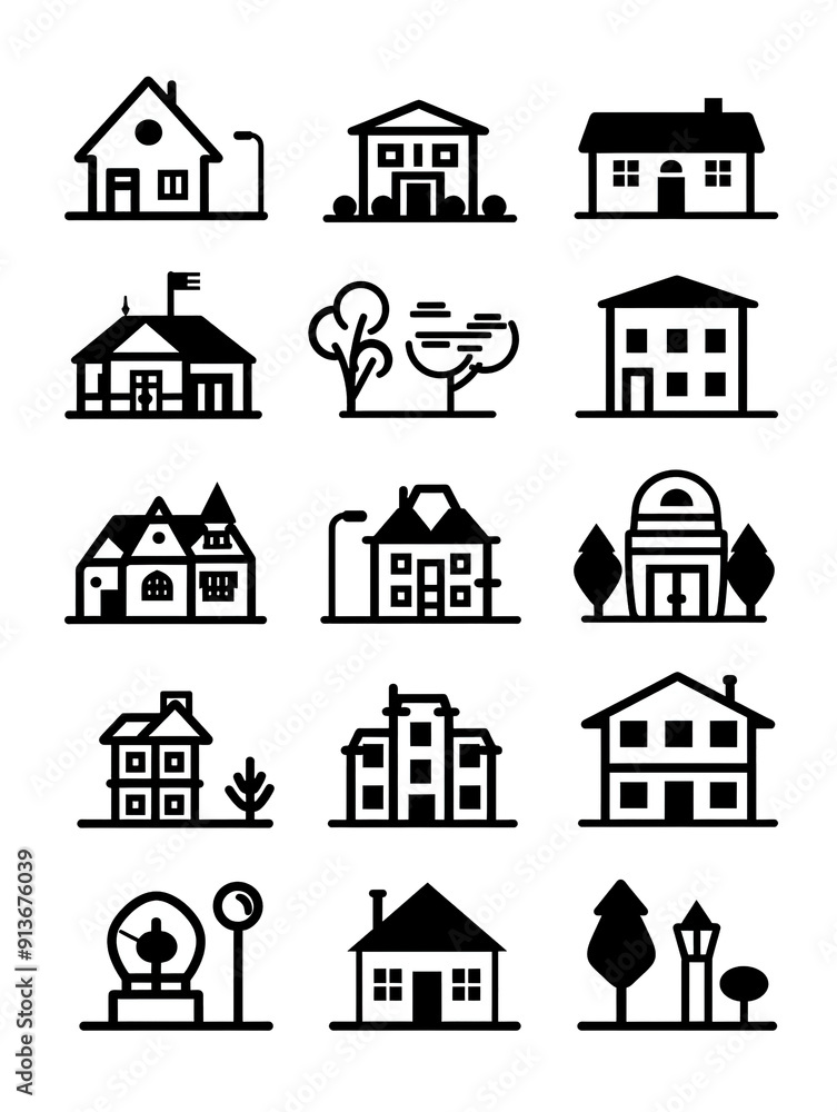 A Collection of Black and White House Icons, generative ai image A Collection of Black and White House Icons, generative ai image