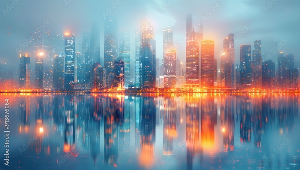 Fototapeta premium Cityscape with a Glowing Reflection on Water