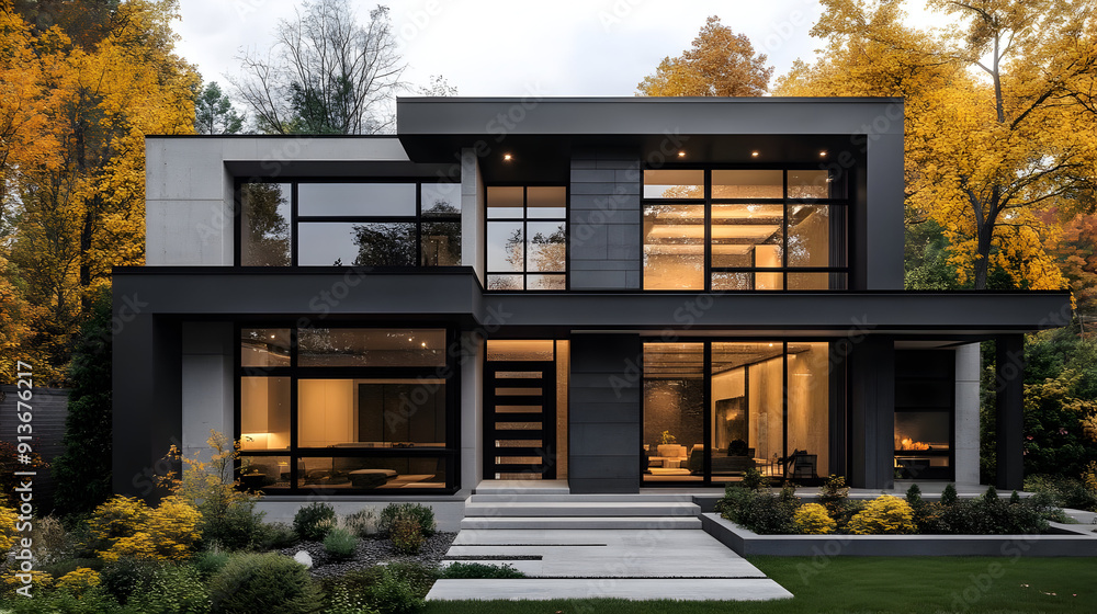 Modern home exterior with large windows and autumn foliage. Modern home exterior with large windows and autumn foliage.