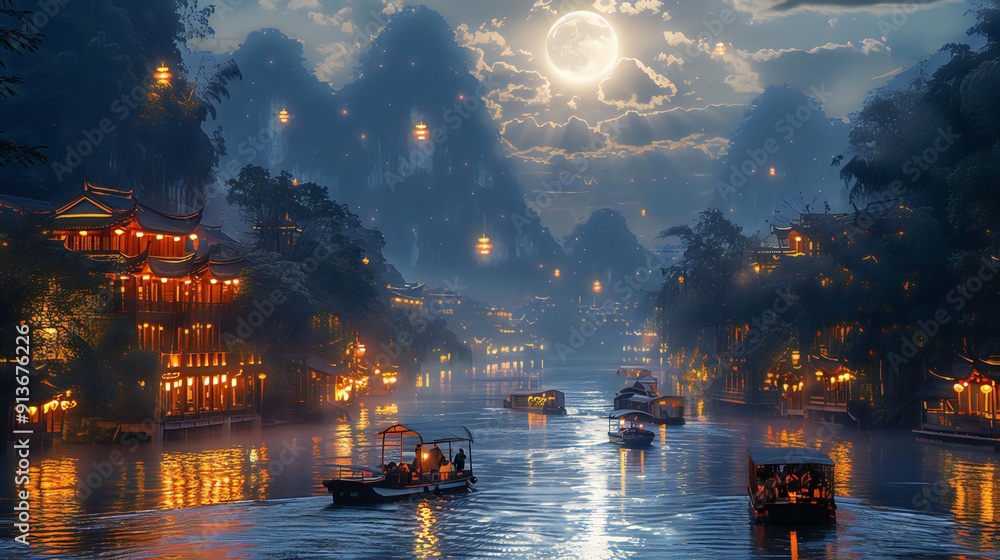 Obraz premium A peaceful river scene with decorated boats. Night view