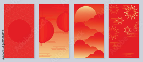 Chinese New Year poster background vector set. Luxury card design with lantern, firework, cloud, chinese pattern. Elegant oriental illustration for cover, banner, website, calendar, envelope.