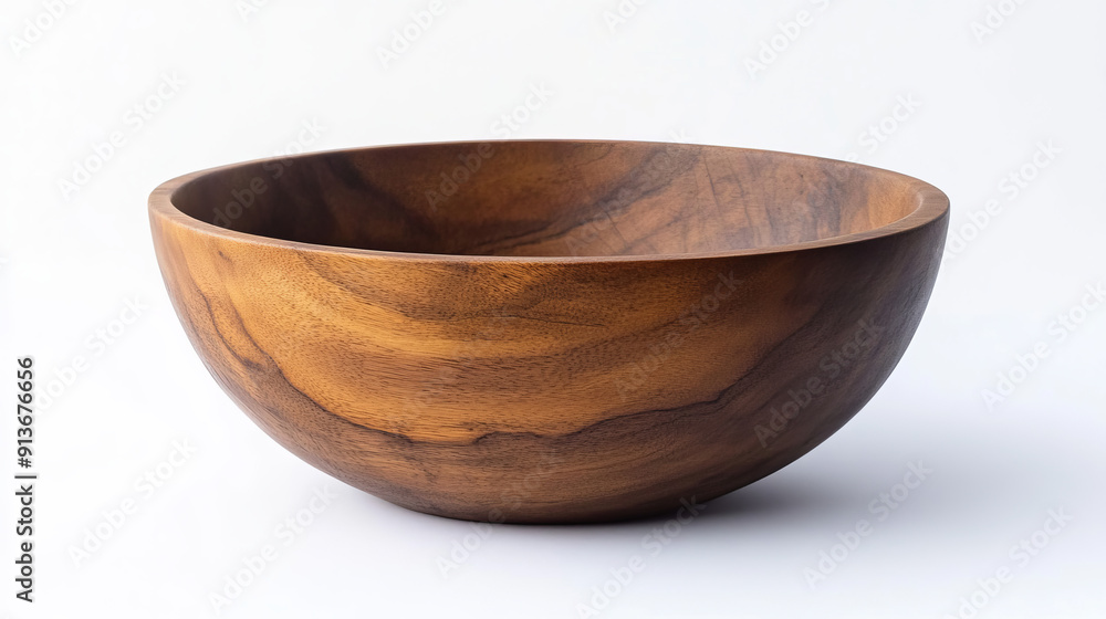 A beautiful wooden bowl sits on a white background. It's a handmade piece of kitchenware. A beautiful wooden bowl sits on a white background. It's a handmade piece of kitchenware.