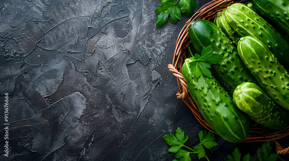Obraz premium cucumber on dark background, top view, copy space for text
