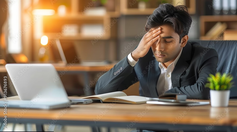 Stressed Professional Reviewing Reports in Modern Office Environment During Evening Hours Stressed Professional Reviewing Reports in Modern Office Environment During Evening Hours
