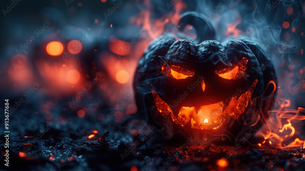A poster or an invitation to a Halloween party. A black pumpkin with a scary laughing face is illuminated by fire. The action takes place in a dark, smoky environment A poster or an invitation to a Halloween party. A black pumpkin with a scary laughing face is illuminated by fire. The action takes place in a dark, smoky environment