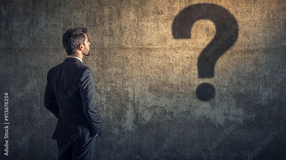 A confused businessman gazes at his shadow, a question mark shaped into it. He doubts himself as he looks for life's purpose. A confused businessman gazes at his shadow, a question mark shaped into it. He doubts himself as he looks for life's purpose.