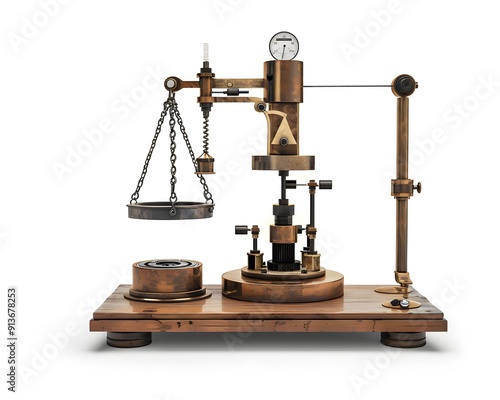 Wallpaper Mural Vintage mechanical balance scale with brass and wooden elements on white background, representing precision and engineering. Torontodigital.ca