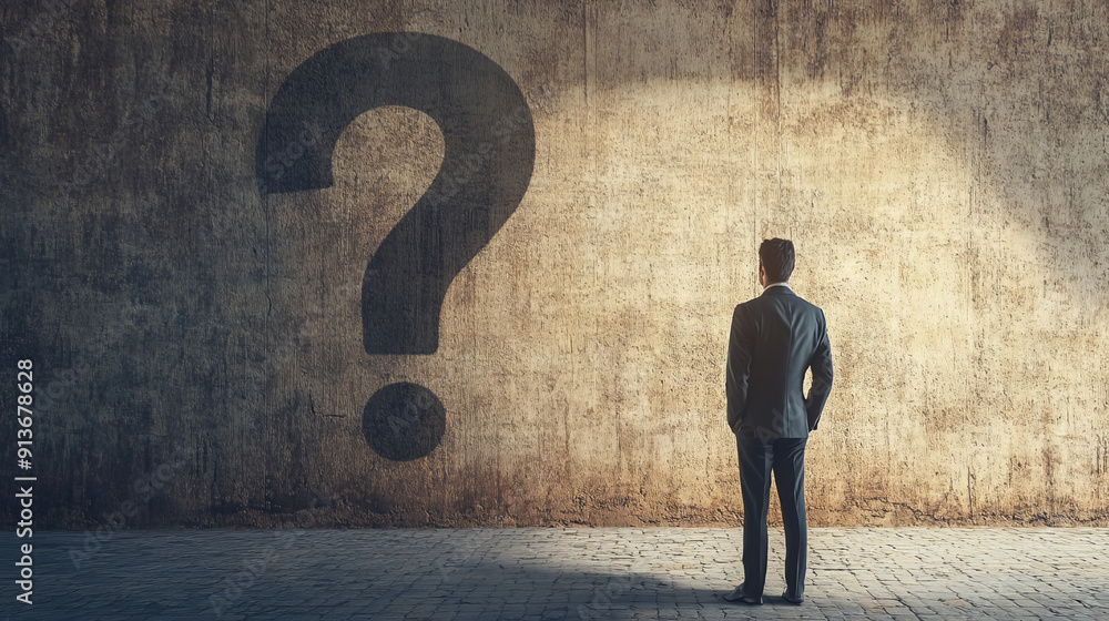 © Rabil - A confused businessman gazes at his shadow, a question mark shaped into it. He doubts himself as he looks for life's purpose. © Rabil - A confused businessman gazes at his shadow, a question mark shaped into it. He doubts himself as he looks for life's purpose.