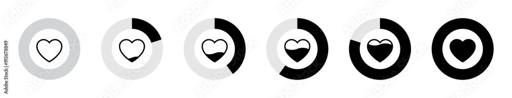 Heart meter levels or gauge icon set in divided pie circles illustration in black color on white background. 0 to 100 percent heart rating level vector icon set. Valentine's day love meter. Heart meter levels or gauge icon set in divided pie circles illustration in black color on white background. 0 to 100 percent heart rating level vector icon set. Valentine's day love meter.
