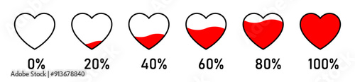 Heart with percentage heart meter level or gauge icon set in liquid filling style in red color on white background. 0 to 100 percent heart rating level vector icon set. Valentine's day love meter.