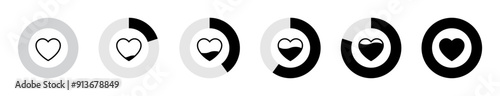 Heart meter levels or gauge icon set in divided pie circles illustration in black color on white background. 0 to 100 percent heart rating level vector icon set. Valentine's day love meter.