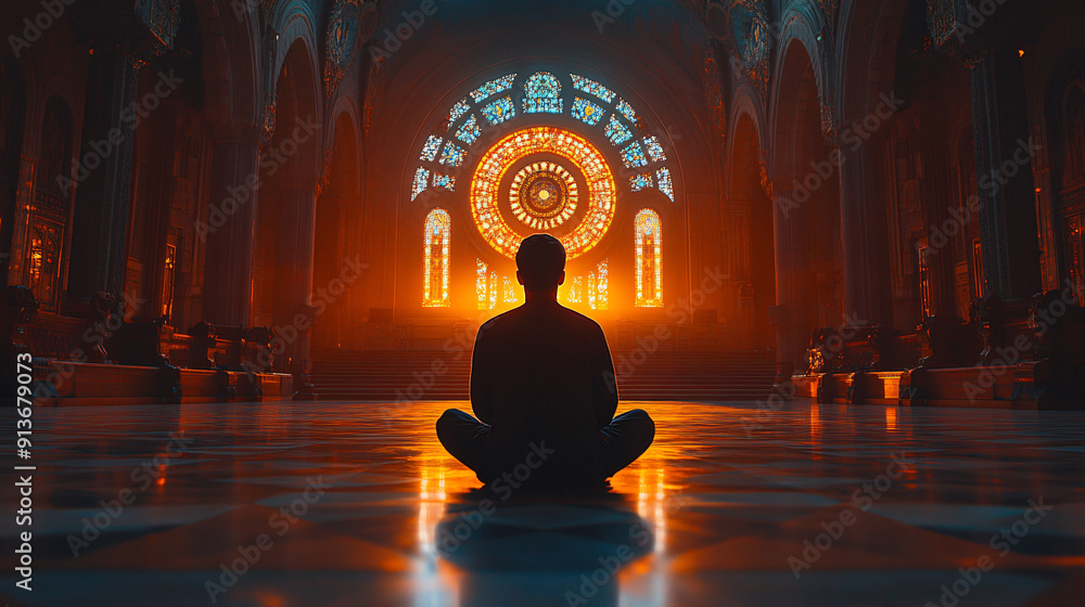 A peaceful and reflective image of an individual in prayer during Yom Kippur, with a backdrop of a synagogue A peaceful and reflective image of an individual in prayer during Yom Kippur, with a backdrop of a synagogue