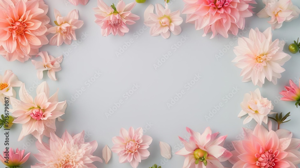 Empty frame of dahlias, simple modern clean background Empty frame of dahlias, simple modern clean background