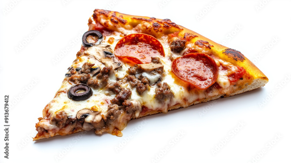 A slice of pizza with melted cheese, mushrooms, sausage, and olives. It also has pepperoni and mozzarella. It's a fast and tasty food that can be taken away or delivered. A slice of pizza with melted cheese, mushrooms, sausage, and olives. It also has pepperoni and mozzarella. It's a fast and tasty food that can be taken away or delivered.