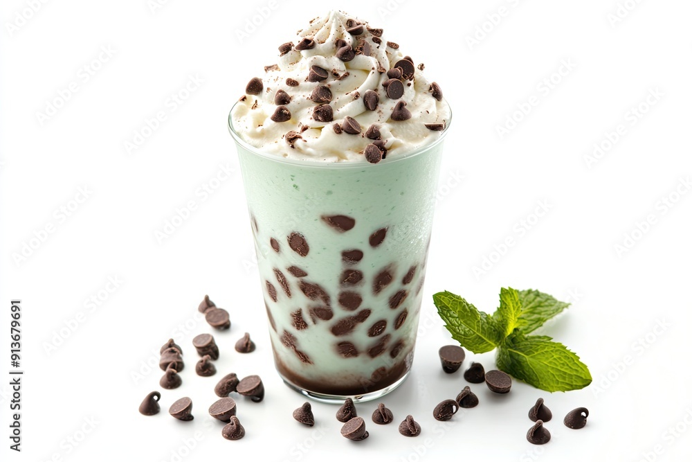 Frosty Mint Chocolate Chip Shake isolated on white background Frosty Mint Chocolate Chip Shake isolated on white background