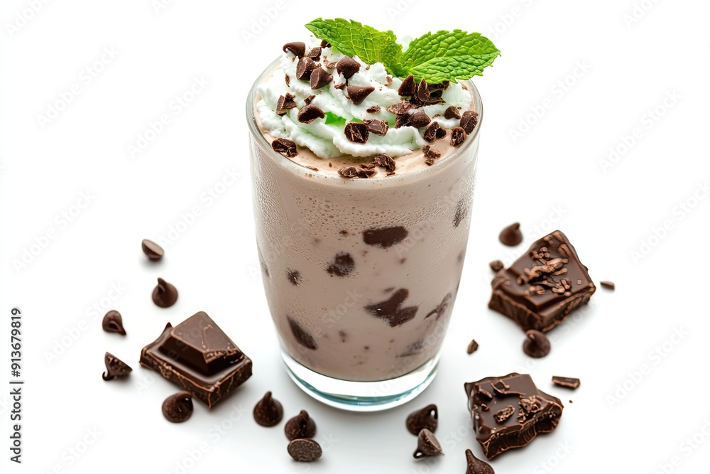 Frosty Mint Chocolate Chip Shake isolated on white background Frosty Mint Chocolate Chip Shake isolated on white background