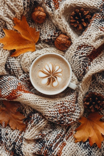 Fall themed flat lay with knitted plaid frame photo