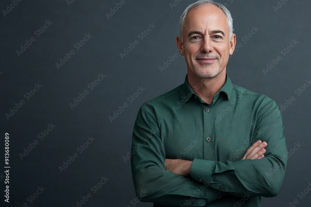 Elegant Older Businessman in Green Shirt with Arms Crossed generative ai Elegant Older Businessman in Green Shirt with Arms Crossed generative ai