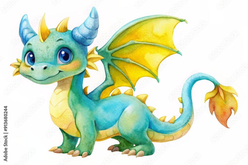 Cute and colorful baby dragon with big blue eyes and vibrant wings, looking playful and friendly. Cute and colorful baby dragon with big blue eyes and vibrant wings, looking playful and friendly.