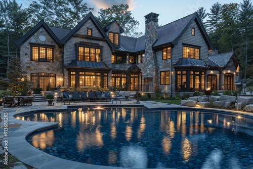 Elegant traditional New England home with outdoor pool and deck, featuring stone pavers and night lighting, professionally photographed in high-resolution detail. photo