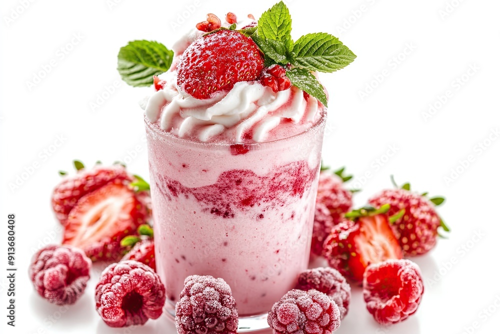 Frosty Strawberry Milkshake with Fresh Berries isolated on white background Frosty Strawberry Milkshake with Fresh Berries isolated on white background