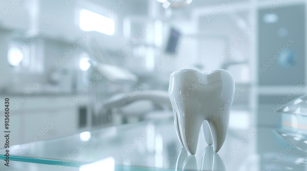Close-up of a dental model tooth on a glass surface, modern and sterile dental office background Close-up of a dental model tooth on a glass surface, modern and sterile dental office background