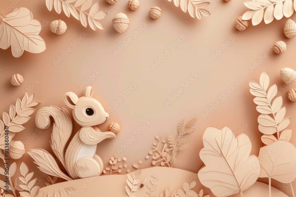 Fototapeta premium Paper Cut Art Scene with Squirrel and Acorns - Autumn Nature Design for Poster or Print