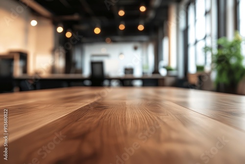 Wallpaper Mural Blurred background of a contemporary office with a wooden table in the foreground, providing a space for office presentations with generative ai Torontodigital.ca