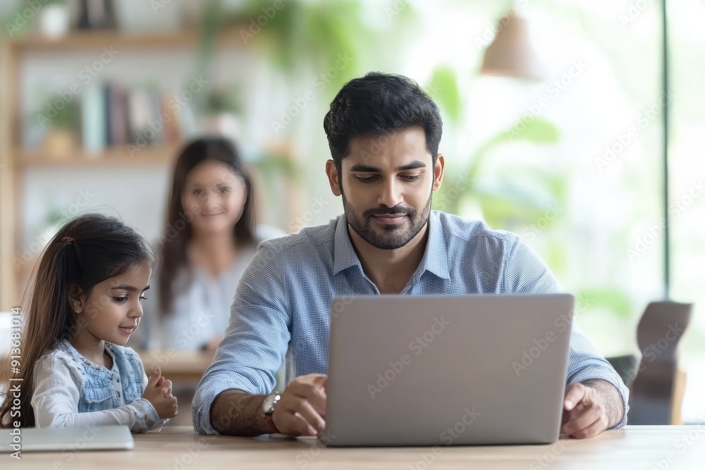 Balancing Work and Family: Young Indian Father Working Remotely at Home generative ai