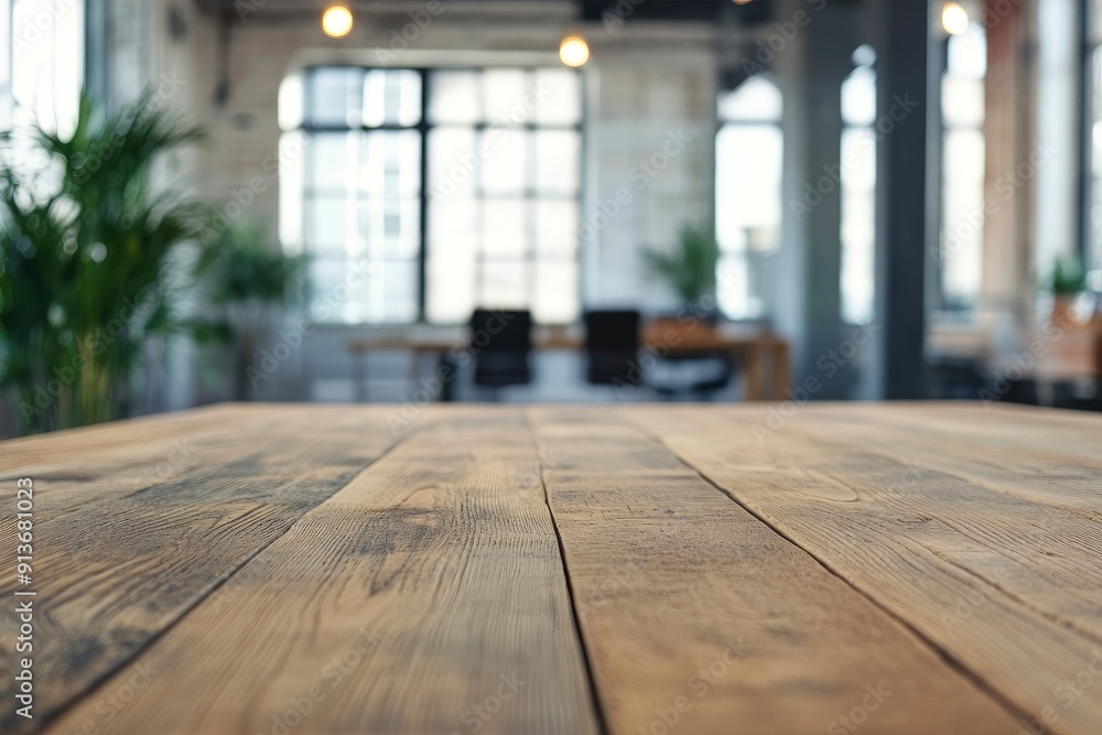 Blurred background of a contemporary office with a wooden table in the foreground, providing a space for office presentations with generative ai Blurred background of a contemporary office with a wooden table in the foreground, providing a space for office presentations with generative ai