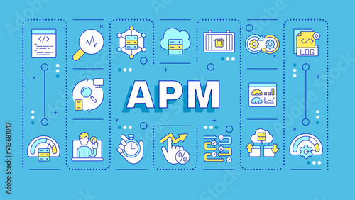 APM blue word concept. Application performance, system metrics. Cpu usage, processing power. Typography banner. Vector illustration with title text, editable icons color. Hubot Sans font used