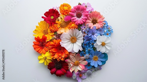 A circle of radiant multihued flowers on solid white background, single object photo