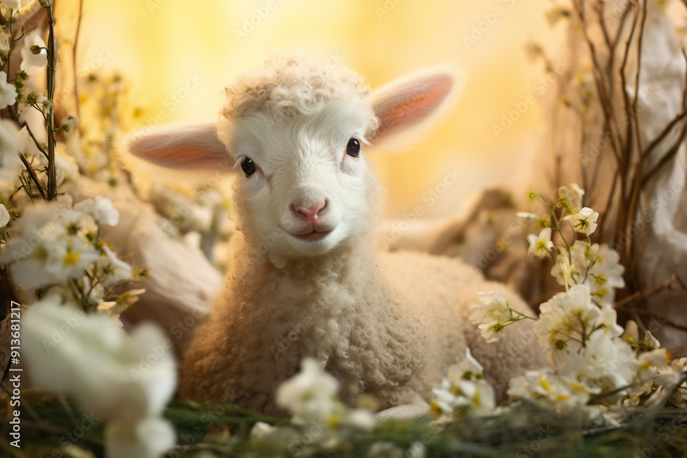 Obraz premium Easter lamb surrounded by flowers