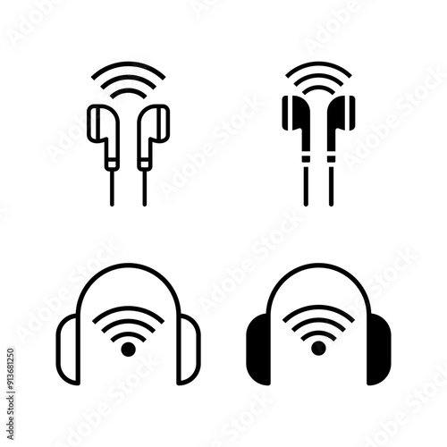 portable bluetooth wireless set mini headphones with radio waves vector icon color editable