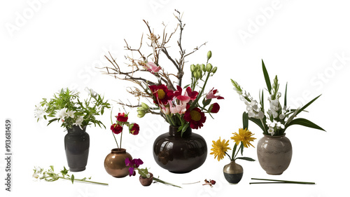 Japanese Ikebana Art: Realistic Flower Arrangements and Vases Collection