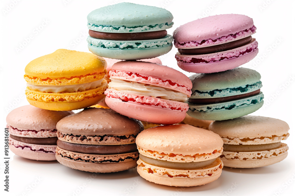 A stack of colorful macarons, isolated on a white background A stack of colorful macarons, isolated on a white background