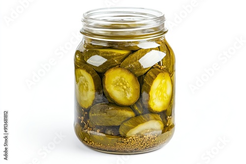 Glass jar with homemade pickles isolated on white background