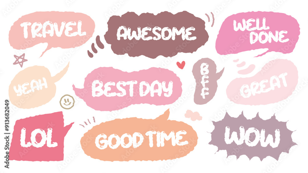 Set of pink cute dialog box with phrase. Hand drawn with crayon drawing memo sticker. Doodle style chat frame. Cartoon thinking balloon. Speech bubble with short message. Label. Awesome, Best day, WOW Set of pink cute dialog box with phrase. Hand drawn with crayon drawing memo sticker. Doodle style chat frame. Cartoon thinking balloon. Speech bubble with short message. Label. Awesome, Best day, WOW