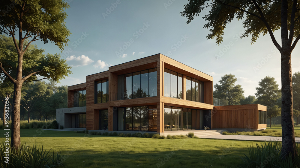 Modern Two-Story Wooden House with Large Windows and Green Lawn in a Forest Setting Modern Two-Story Wooden House with Large Windows and Green Lawn in a Forest Setting