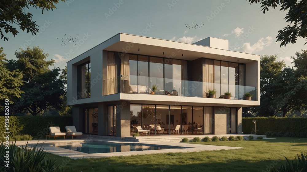 Modern Two-Story House with Glass Windows, Outdoor Pool, and Spacious Lawn at Sunset Modern Two-Story House with Glass Windows, Outdoor Pool, and Spacious Lawn at Sunset