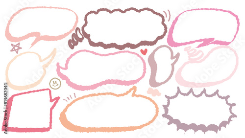 Collection of pink out line cute dialog box. Hand drawn with crayon drawing memo sticker. Doodle style chat frame for text. Cartoon conversation balloon. Set of speech bubbles in flat short message.