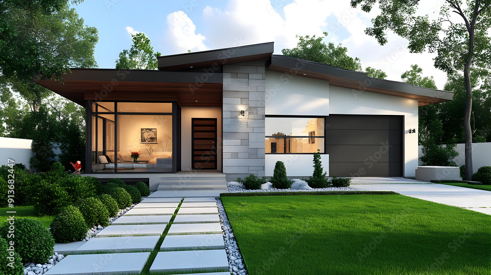 Modern house with stone facade and green lawn. Modern house with stone facade and green lawn.